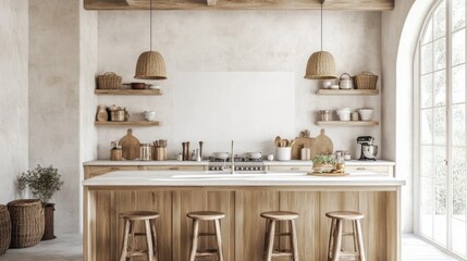 A white and wood farmhouse kitchen with a blank wall mock-up, featuring rustic lighting fixtures and woven baskets.