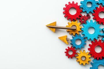 Colorful gears and arrows indicating progress and teamwork, featuring red, blue, and yellow tones for a dynamic and engaging look