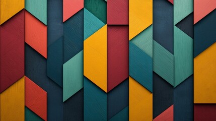 Fototapeta premium Colorful Geometric Pattern of Wooden Panels in Red, Yellow, Green, and Blue Tones