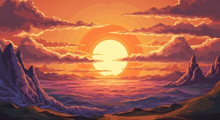 Polygonal Sunset Art: Vibrant Mountain Landscape Illustration