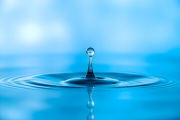 Close-up of a water droplet splashing into a calm blue surface, creating ripples. The image conveys a sense of tranquility and fluidity.