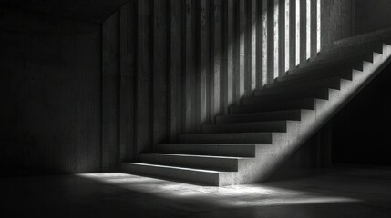 Ascending stairs, light through vertical slats, minimal architecture, concrete