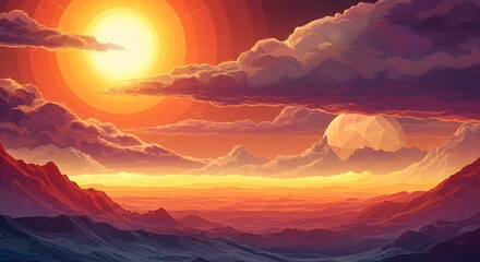 Polygonal Sunset Art: Vibrant Mountain Landscape Illustration