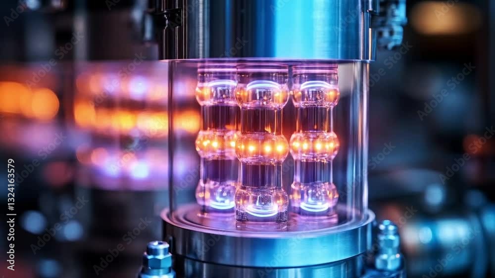 Fototapete Advanced quantum computing system features multiple qubits arranged in a transparent chamber. Vibrant colors indicate entanglement and superposition, essential for enhancing computational power.