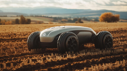 Modern autonomous agricultural robot in a field during sunset crop soil grey brown rural future