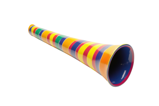 A vibrant striped trumpet showcasing playful colors in a bright setting isolated on transparent background