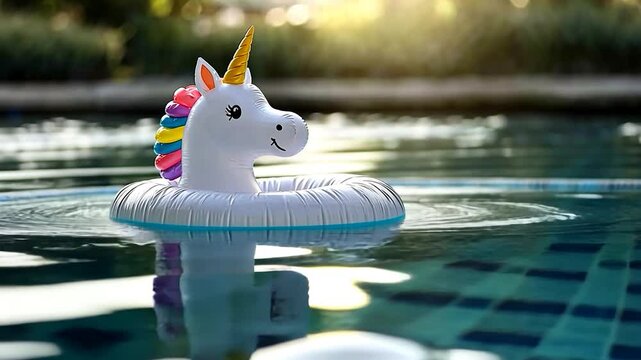 A colorful unicorn floatie drifts serenely on a shimmering pool during a sunny afternoon