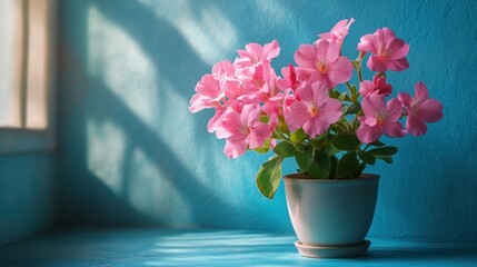 A vibrant pink flowering plant, its petals like miniature fireworks, stands out against a bright, airy blue backdrop within a cozy indoor setting.