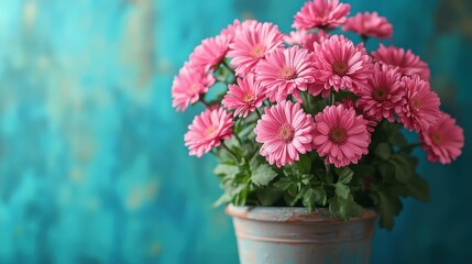 A vibrant pink flowering plant, its petals like miniature fireworks, stands out against a bright, airy blue backdrop within a cozy indoor setting.