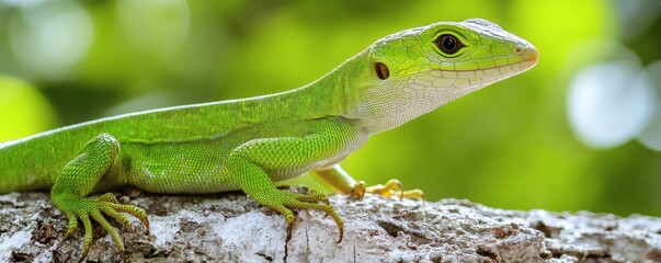 Fototapeta premium A vibrant green lizard rests on a textured tree branch in the sun