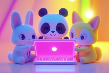 Fototapeta premium Adorable rabbit, panda, and fox using a glowing pink laptop together in a vibrant, colorful setting.