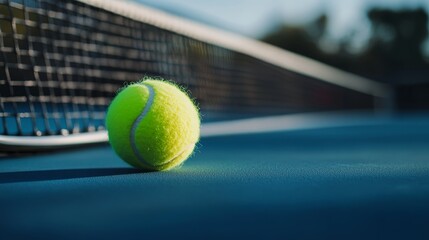 A fluorescent green tennis ball perches atop the taut strings of a sleek modern racket on a bright blue hardcourt, shadows highlighting its texture