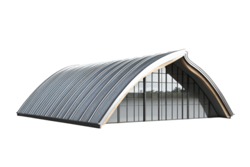 Innovative architectural design of a sleek, modern building nestled in a serene outdoor landscape isolated on transparent background