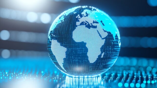 A digital globe representation with a blue and black color scheme, showcasing continents in a futuristic, data-driven environment. - Powered by Adobe