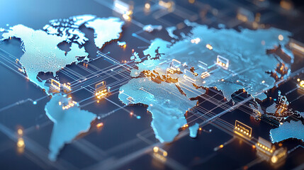 clean and modern visual of global data network showcasing interconnected regions and digital elements