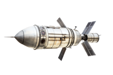 Exploring the future of space travel through a vintage rocket design with solar panels in view isolated on transparent background