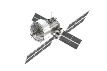A modern satellite orbits Earth, highlighting its intricate design and solar panels isolated on transparent background