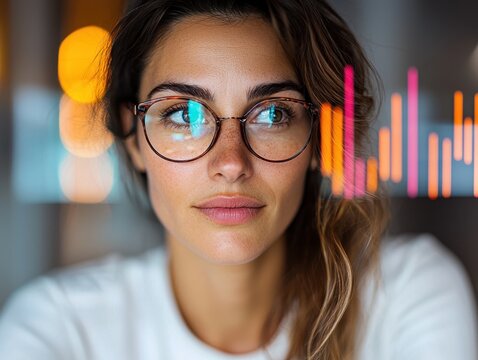 Business operations and branding. Young woman with glasses gazes thoughtfully, overlaid with colorful data visualizations.