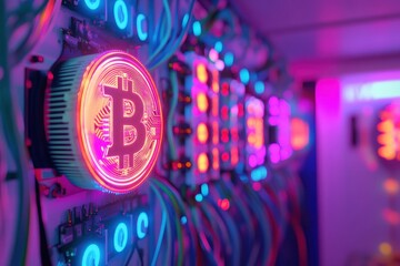 Colorful Bitcoin Mining Setup with Neon Lights and Circuitry