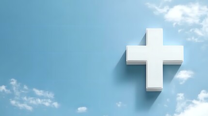 Obraz premium White cross against blue cloudy sky background, floating with soft shadow effect, symbolizing faith, spirituality and divine presence. Suitable for religious materials.