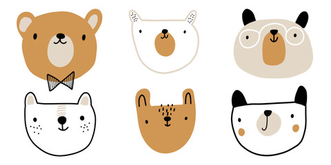 Bear simple crown kid nursery seamless pattern design collection. Printable poster illustration in pastel beige brown colors.