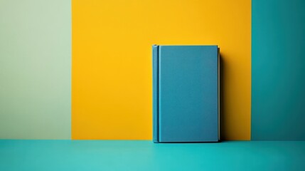 A sleek, minimalist blue book, its cover embossed with a subtle design, sits against a backdrop of vibrant yellow and teal, its simplicity emphasizing the book s elegance.