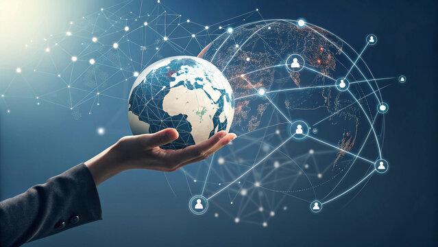 Global social connectivity in a business environment, with a futuristic cityscape and digital communication networks.