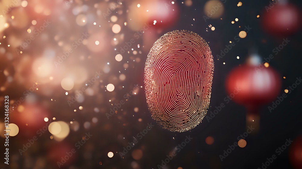 Poster red glowing fingerprint pattern floating in dark space with bokeh light effects and particles, repre