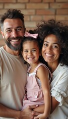 Fototapeta premium A happy family of three, featuring a woman with curly hair, a man with a beard, and their adorable daughter, all sharing a loving embrace. The image radiates joy and connection, showcasing the beauty