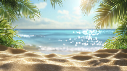Obraz premium beautiful sandy beach with palm trees and sparkling ocean waves under sunny sky creates serene tropical paradise