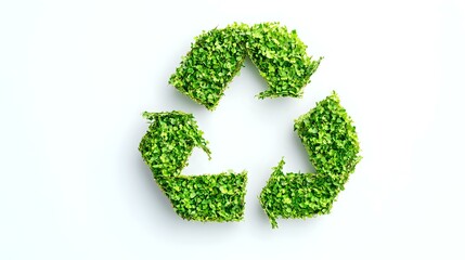 Green leaves forming recycling symbol on white background, environmental conservation concept for sustainability and eco-friendly initiatives.