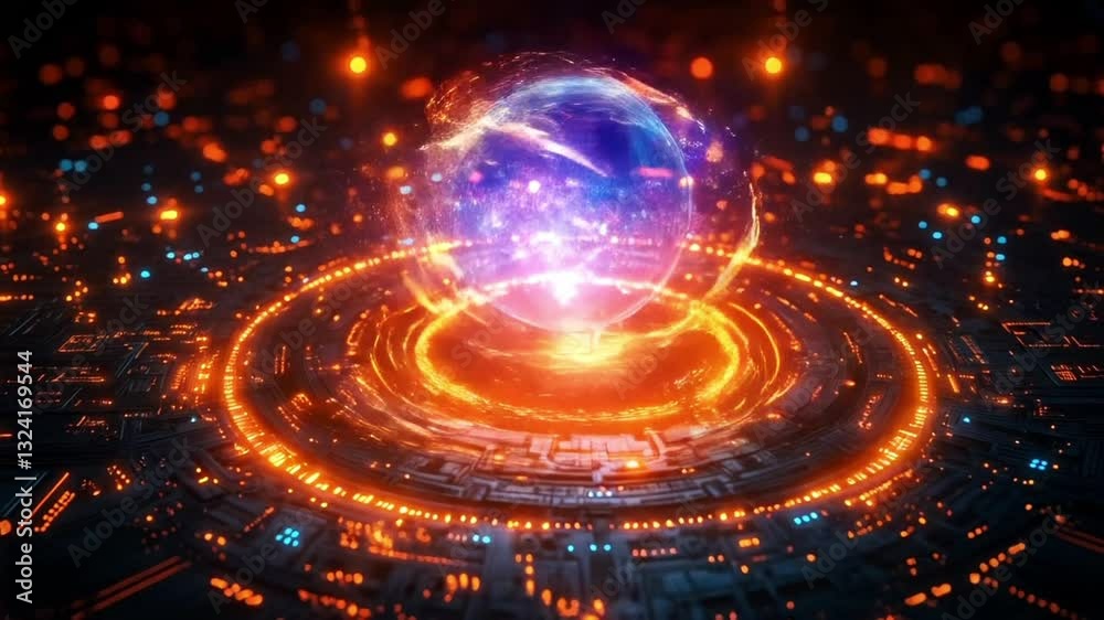 Poster in a digital realm, vibrant orbs of energy demonstrate the concepts of quantum superposition and ent