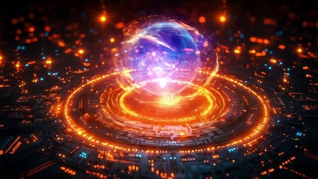 In a digital realm, vibrant orbs of energy demonstrate the concepts of quantum superposition and entanglement.