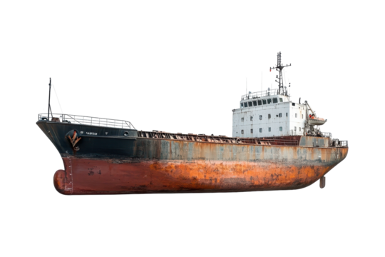 Abandoned cargo ship rusting in silence along the shore at sunset, creating a haunting atmosphere isolated on transparent background