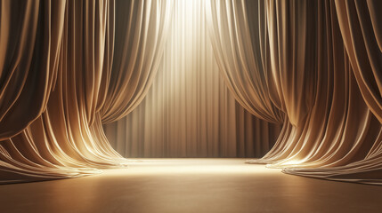 Elegant beige stage with dramatic curtains and soft lighting creating serene atmosphere. empty background highlights luxurious fabric and warm tones, inviting sense of anticipation