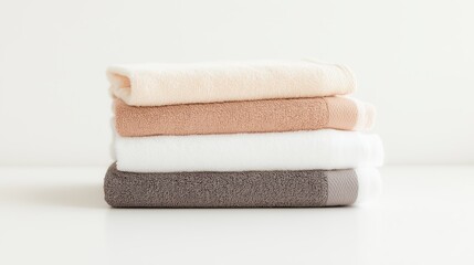 Soft, neatly stacked towels in neutral colors arranged on a clean, minimalistic surface for a calming home atmosphere