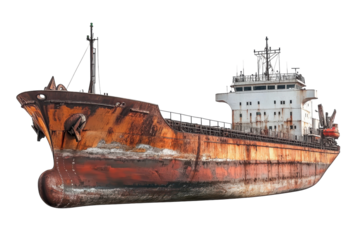 Rusty cargo ship gracefully resting on calm waters, evoking a sense of maritime nostalgia and decay isolated on transparent background