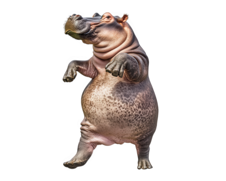 hippo dancing with exaggerated moves, showcasing groovy and entertaining vibe. This playful scene captures joy and whimsy of animal antics