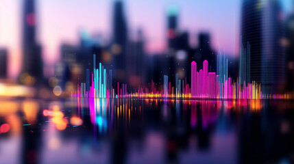 vibrant city skyline reflected in water, showcasing colorful sound waves