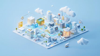 Obraz premium clean and modern visual of global data network showcasing interconnected buildings, technology, and communication elements