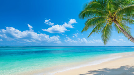 Fototapeta premium vibrant tropical beach scene with palm trees and clear blue water