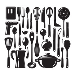 kitchen utensils set icon black silhouette vector on white background.