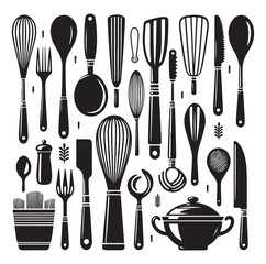 kitchen utensils set icon black silhouette vector on white background.