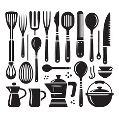 kitchen utensils set icon black silhouette vector on white background.