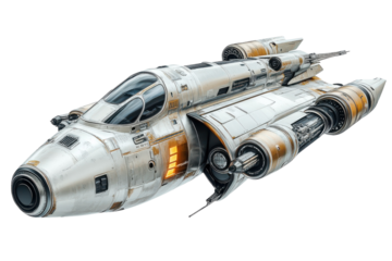 A sleek, futuristic spacecraft designed for intergalactic exploration and adventure in deep space isolated on transparent background