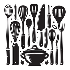 kitchen utensils set icon black silhouette vector on white background.