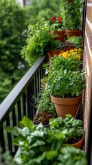 Fototapeta premium Lush balcony garden with potted herbs and flowers in urban setting