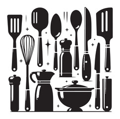 kitchen utensils set icon black silhouette vector on white background.