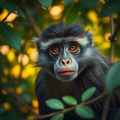Obraz premium Red-tailed monkey portrait in lush foliage.