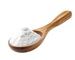 Spoonful of white powdery substance on wooden spoon, ideal for baking and cooking. This versatile ingredient is commonly used in various recipes